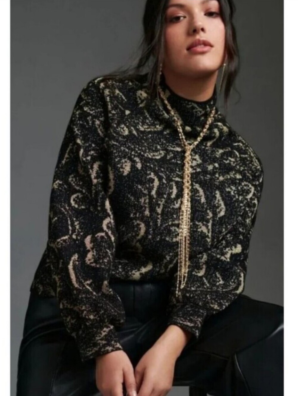 Anthropologie The Beatriz Mock-Neck Sweater Lurex Black Gold XS